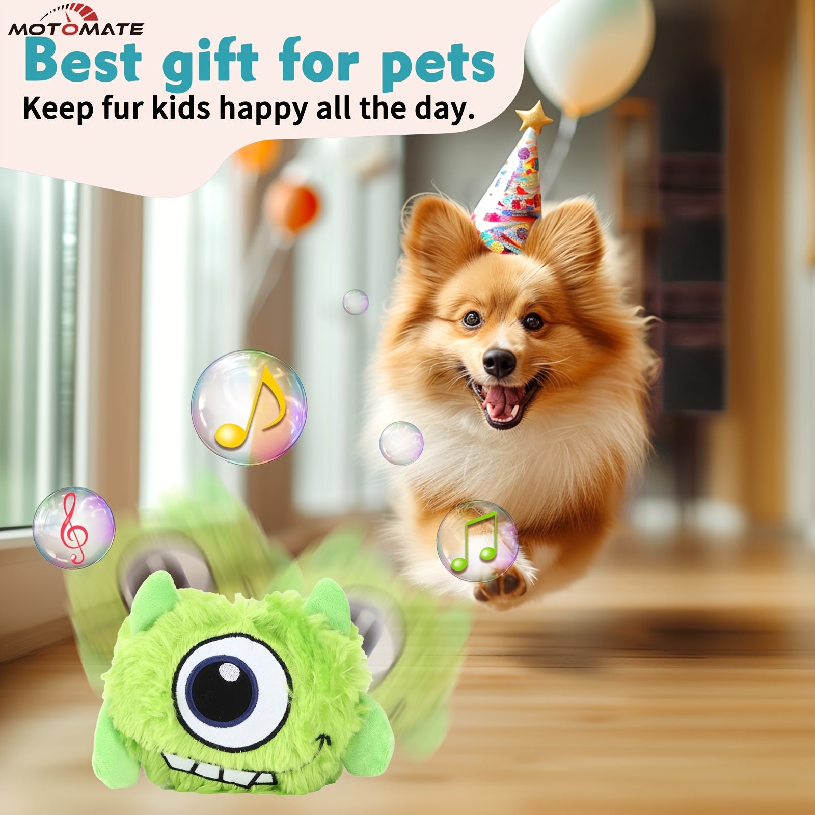 Motomate for Interactive Dog Toys, Rechargeable Self Moving Balls, Chewable Plush Cover, Small and Medium Dogs (Green)
