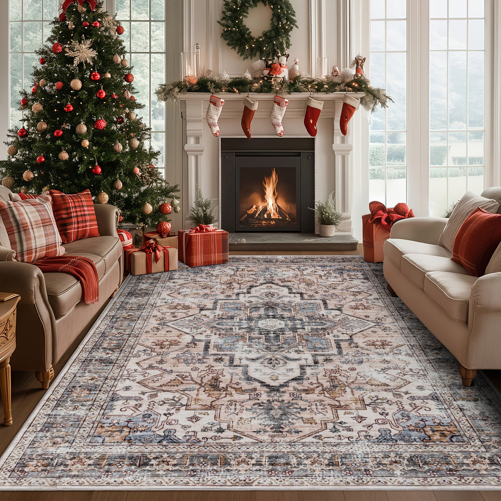 [Ultra Soft Bohemian Rugs] Ultra Soft Bohemian Beige Washable Rugs | Non Slip Retro Foldable Area Rugs for Living Room and Bedroom