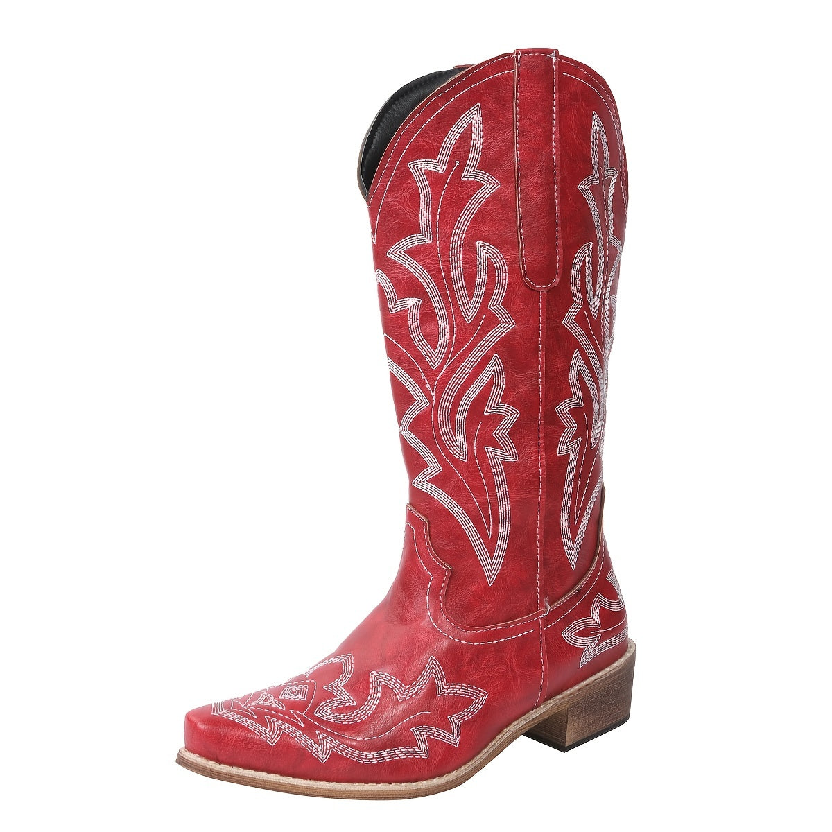 [Retro Cowgirl Boots] Retro Style Women's Western Mid Calf Boots | V-cut Embroidery Cowgirl Boots, Pointed Toe Slip On Shoes