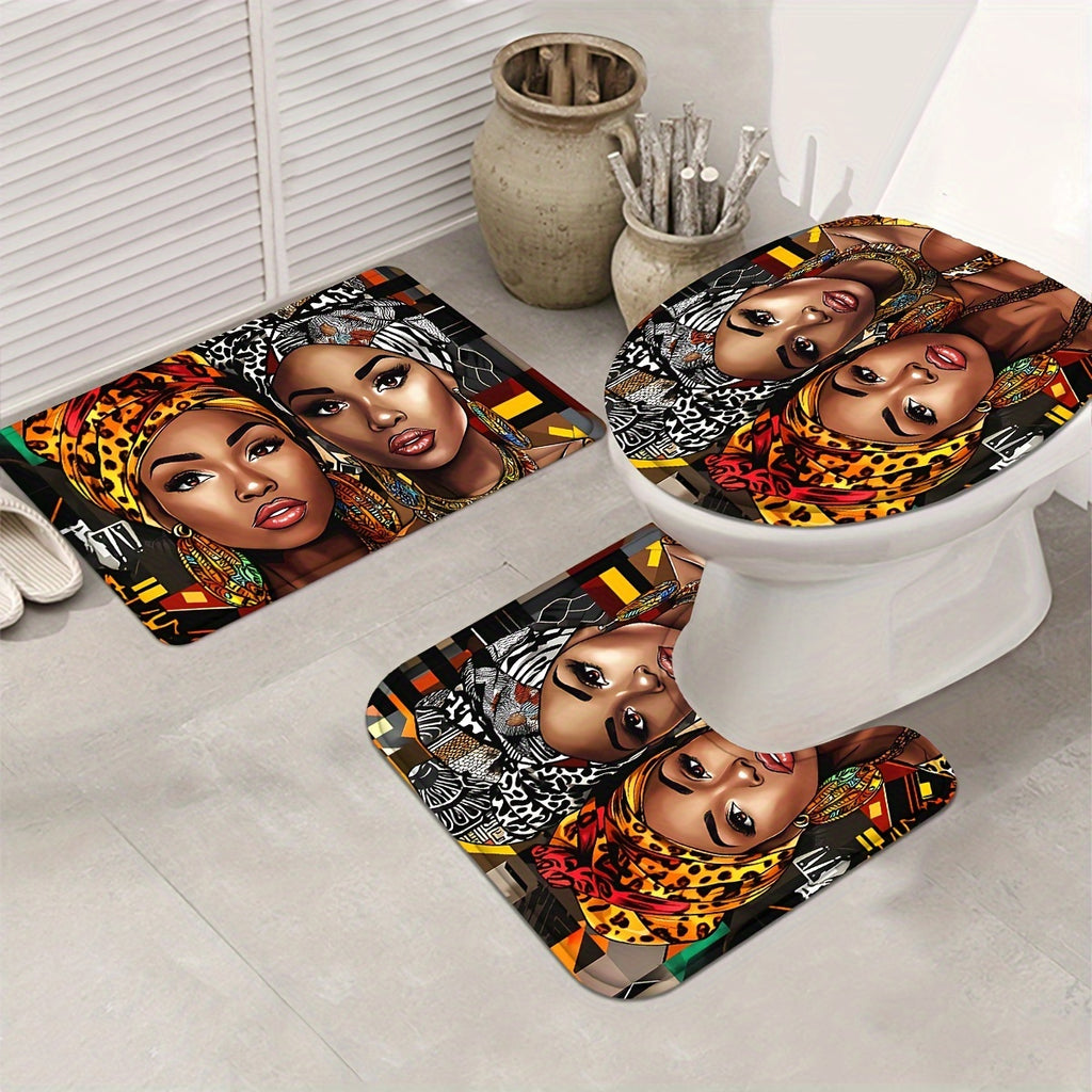 4pcs/1pc African American Woman Shower Curtain Set, Bathroom Curtain With Hooks, Non-Slip Rugs, Toilet U-Shape Mat, Seat Cover, Machine Washable Bathroom Decoration Accessories, African Theme Black Shower Curtain Gift For Wom