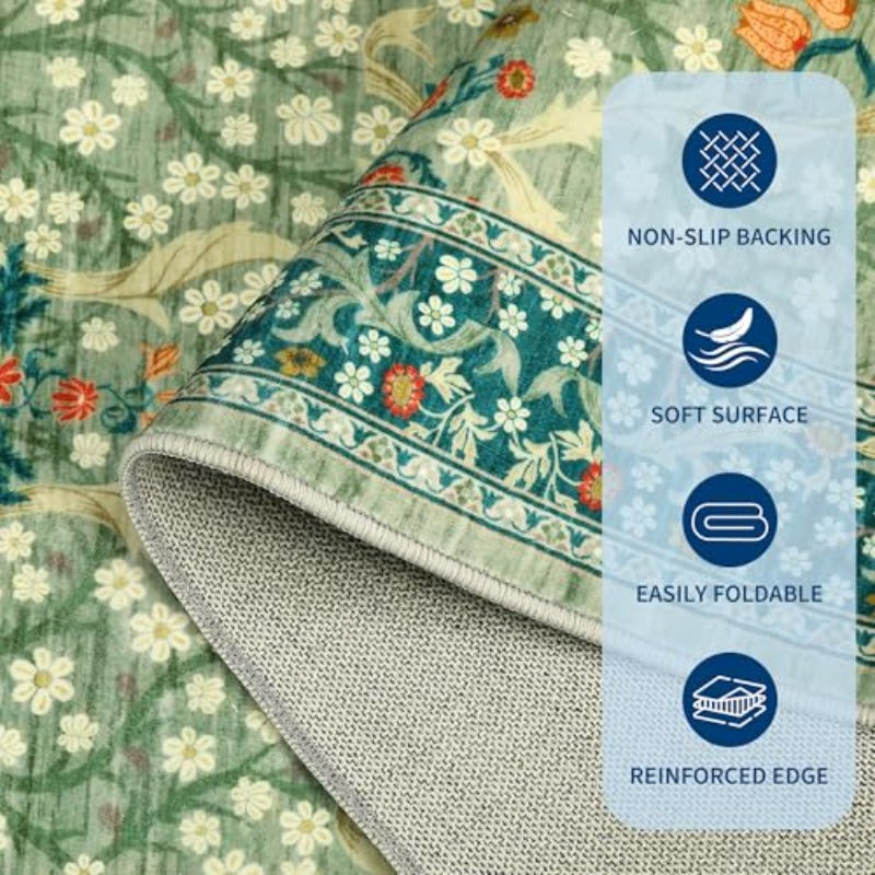 Floral Area Rugs 5x7 Sage Green Washable Rug for Living Room Bedroom Low Pile Non Slip Stain Resistance Indoor Boho Carpet Mat for Farmhouse Dining Room Office