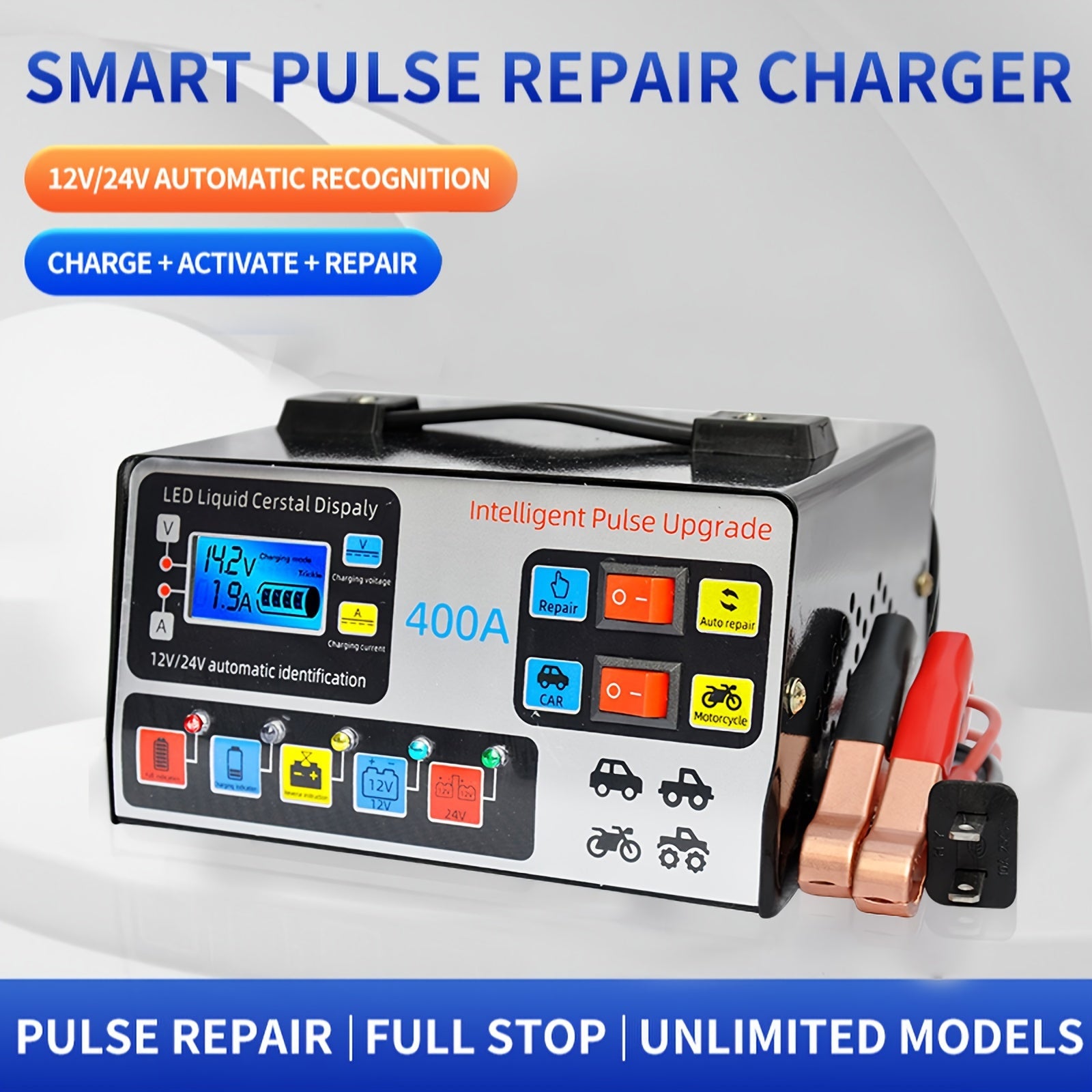 24V/12V Intelligent Motorcycle Battery Charger - Automotive Battery Charger with Pure Copper Construction, Automatic Repair, and Multi-Protection Functions - Fast, Safe, and Reliable Charging Solution