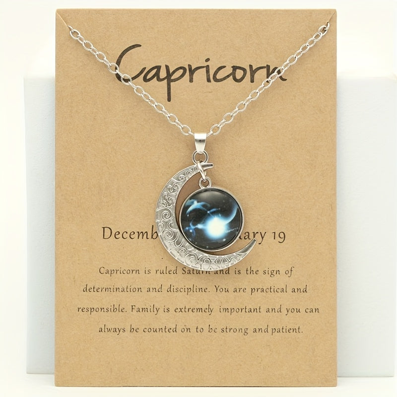 Glow-in-the-Dark Zodiac Necklace with Vintage Moon Pendant - Stylish Aquarius/Sagittarius/Leo/Leprechaun/Night & Sun Signs, Colorful Glass Charms, Zinc Alloy, Perfect Gift for Men