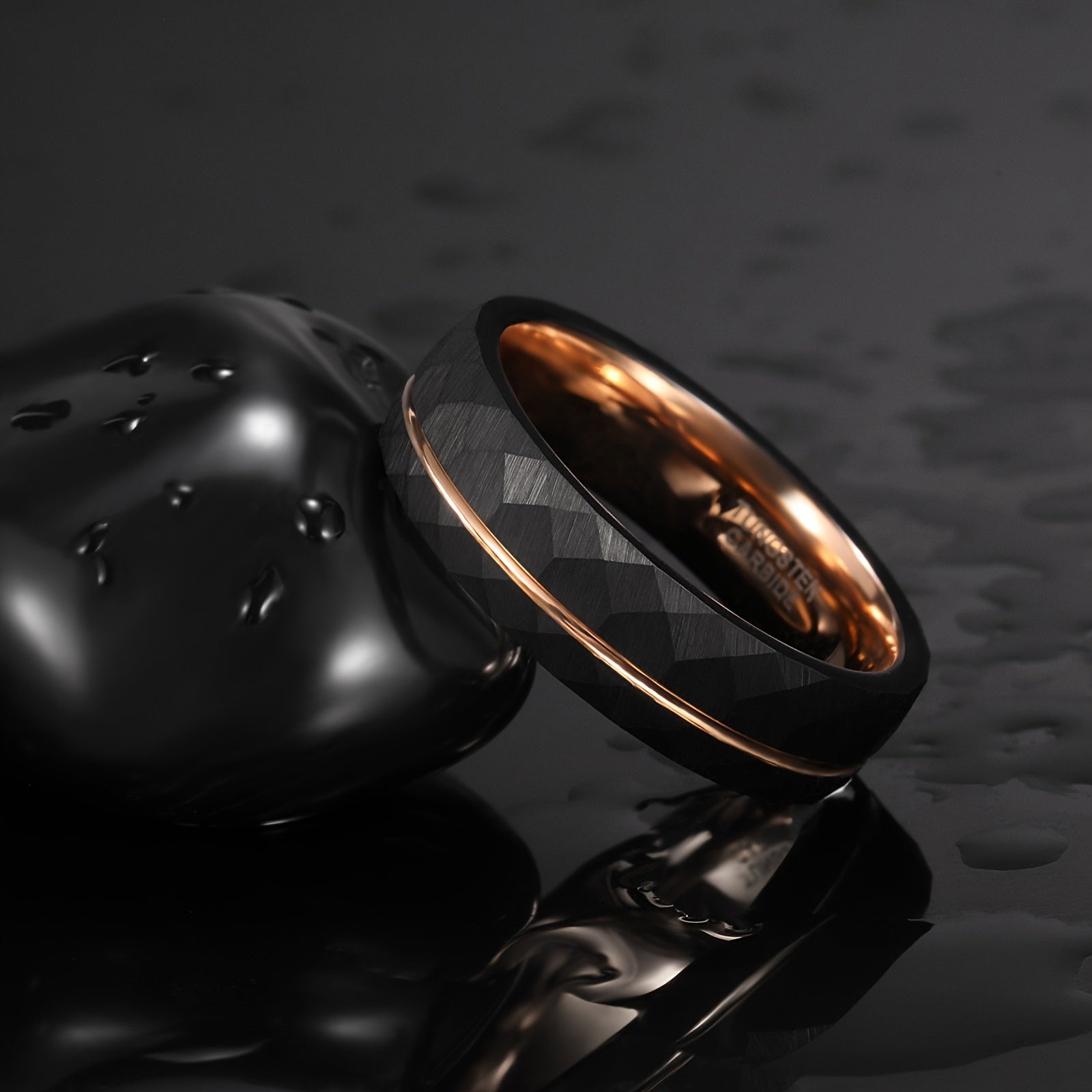 1pc 6mm (0.24'')/8mm (0.31'') Fashion Inlaid Rose Golden Wire Black Rhombic Men's Tungsten Steel Ring