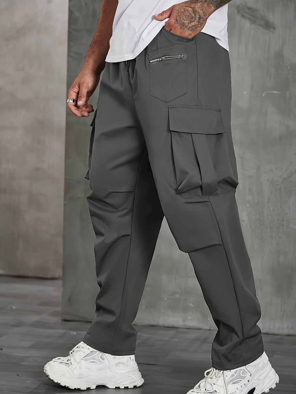 Plus Size Men's Solid Cargo Pants For Spring Fall, Outdoor Sports Pants For Males