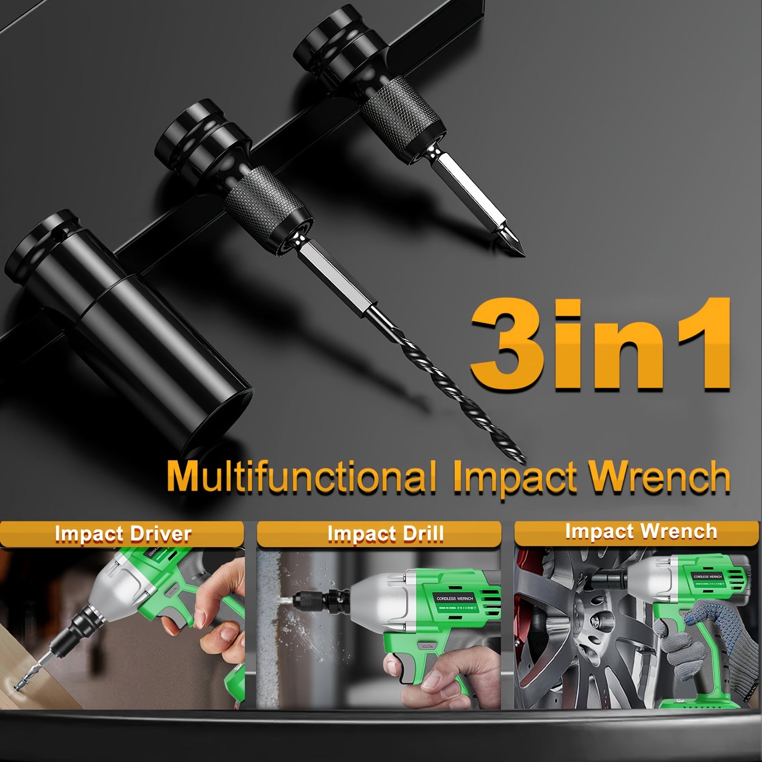 20V 4000MAH Cordless Impact Wrench And Drill Set, 3-in-1 Brushless Power