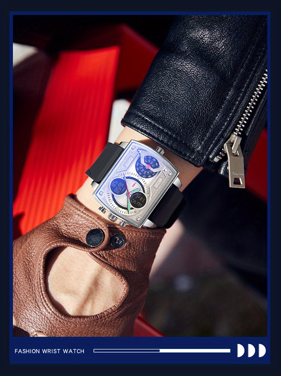 Large Dial Multi Time Zone Men's Watch, Square Dual Display Multifunctional Sports Watch with Dual Time Zone, Date, Alarm, and Stopwatch Functions