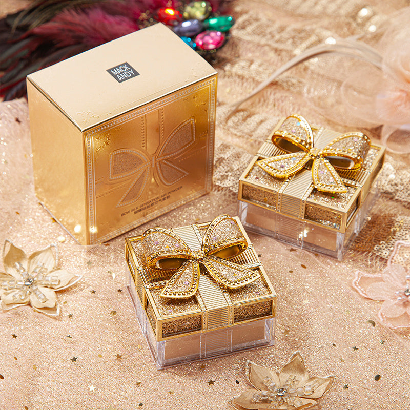 Elegant Bowknot Air Powder - Lightweight, Long-Lasting Oil Control & Waterproof Setting Powder for All Skin Tones, Ivory White & Cool Beige, Matte Finish with Glittery Golden Bow Design