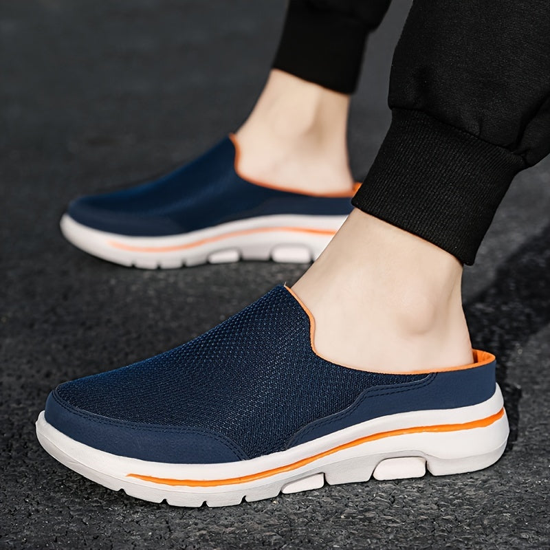 Men's Big & Tall Lightweight Slip-On Casual Sneakers - Breathable Mesh & Fabric Upper, MD Cushioned Sole, Navy Blue/Orange Accents - All-Season Comfort for Sports & Casual Attire