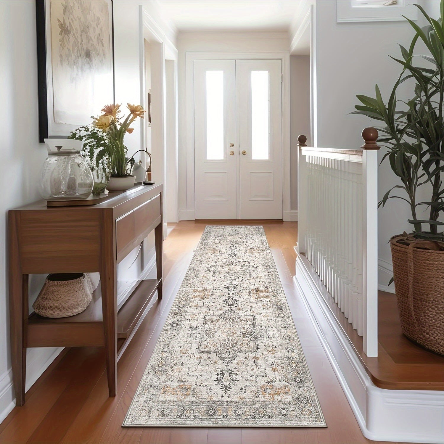 Area Rugs for Living Room, Machine Washable Non Slip Vintage Retro Rugs, Low Pile Lightweight Chenille Print Rug for Bedroom, Dining Room, Home Office, Light Taupe Brown