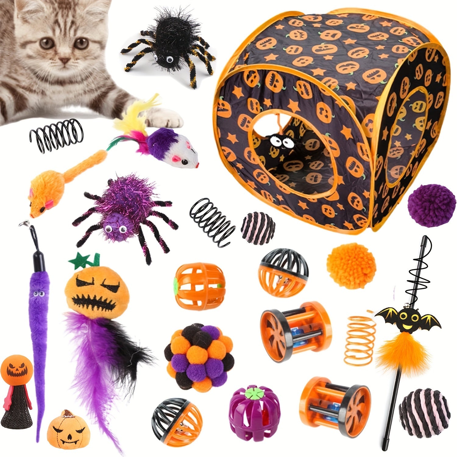 Festive Halloween Cat Toy Set: 1/3/5/8 Pcs Interactive Kitten Toys, Pumpkin Toys, Feather Toys, And More for Indoor Playtime