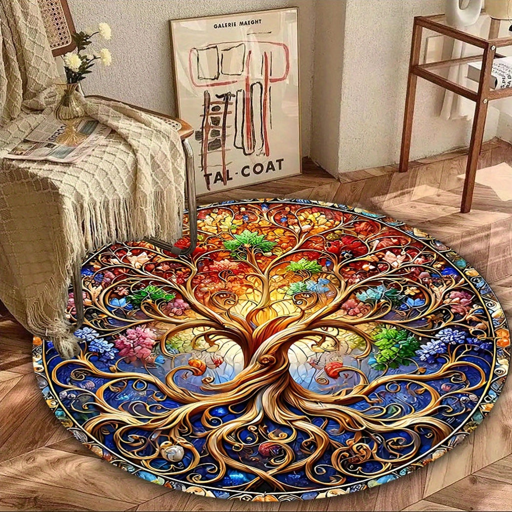 Tree of Life Round Area Mat - Vibrant Stained Glass Design, Non-Slip Rubber Backing, Easy to Clean 100% Polyester Fiber, Indoor/Outdoor Use for Living Room, Bedroom, Terrace, Camping - Large Size Available, Outdoor Rugs for P