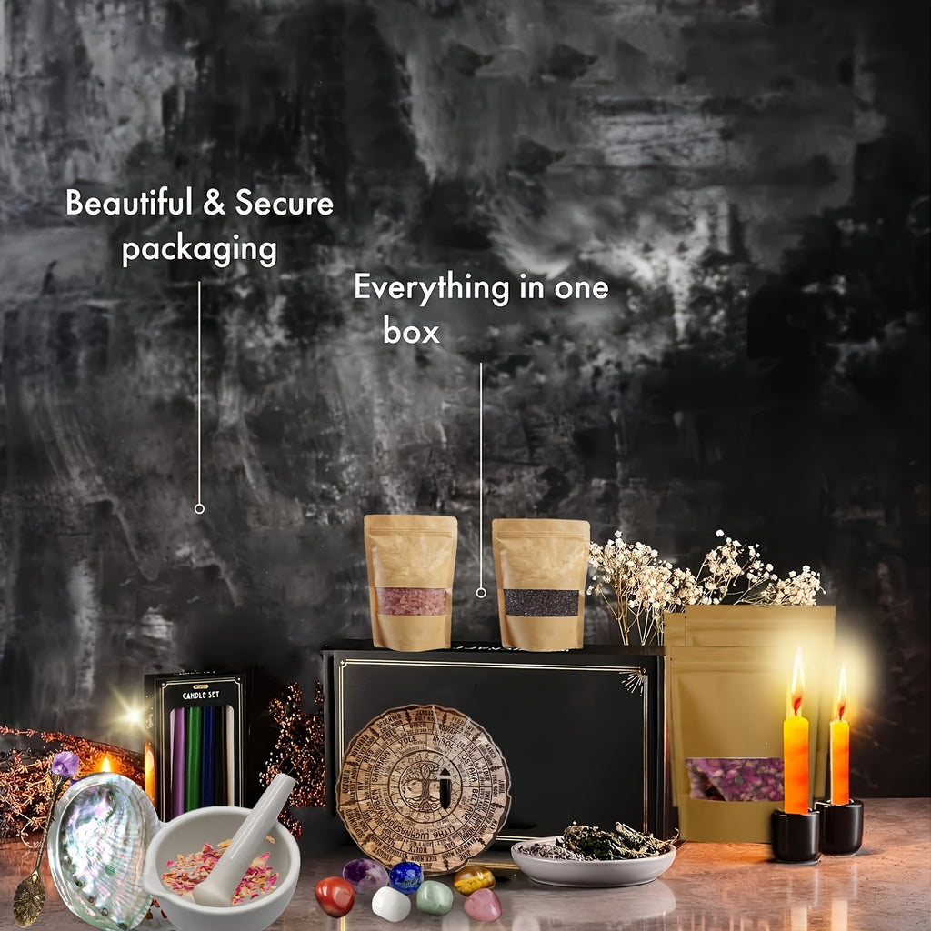 Witchcraft Kit with Grinding And Pounding Tank - Candles, Witches Crystals, Dried Flowers, Vanilla, Beginner Box Starter. Suitable for Full Moon Ceremonies And Decorative Materials for Magic. Ideal for Gifting During Black Hi