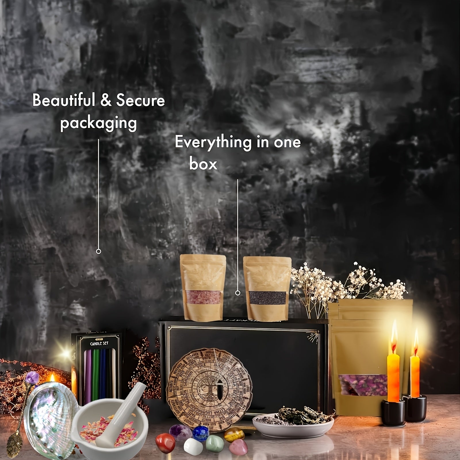 Witchcraft Kit with Grinding And Pounding Tank - Candles, Witches Crystals, Dried Flowers, Vanilla, Beginner Box Starter. Suitable for Full Moon Ceremonies And Decorative Materials for Magic. Ideal for Gifting During Black Hi