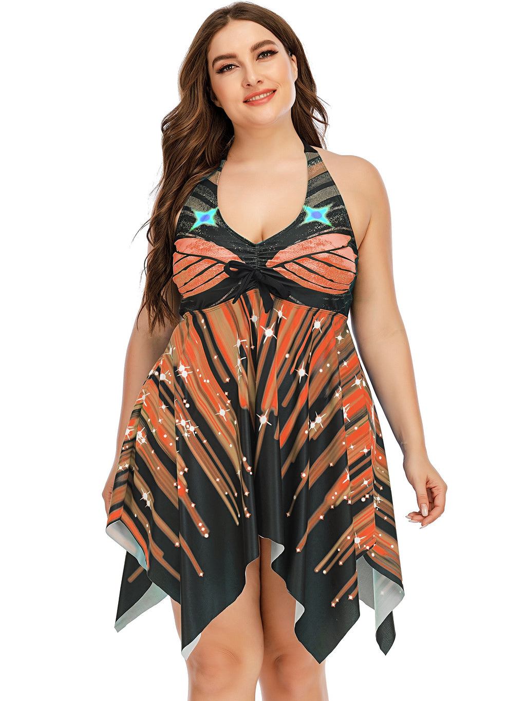 Plus Size Elegant Bikini Set, Women's Plus Ombre Striped Print Ruched Asymmetrical Hem Tie Front Top & Brief Swimsuit Two Piece Set