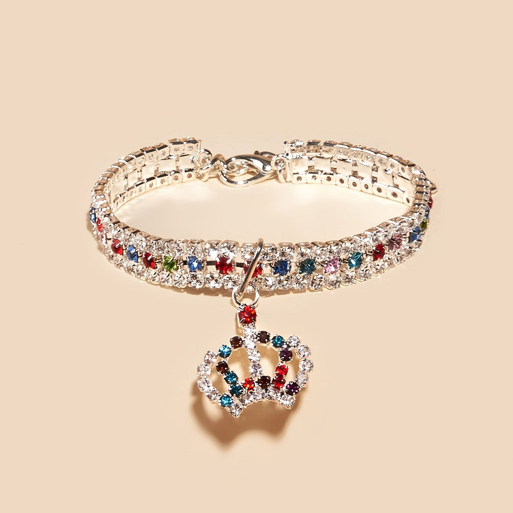Elegant Pet Rhinestone Crown Pendant Necklace - Sparkling Multicolor Gemstone Accessory for Cats & Dogs, Random Color Selection