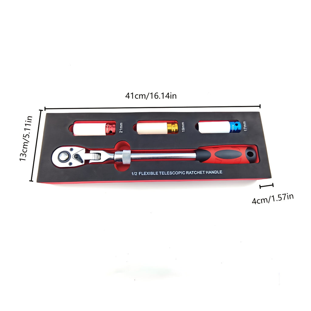 4pcs wheel hub protection hexagonal deep socket/ratchet wrench set, 1/2" drive, metric 17, 19, 21mm wheel guard six-point deep socket, 1/2" oscillating and telescopic