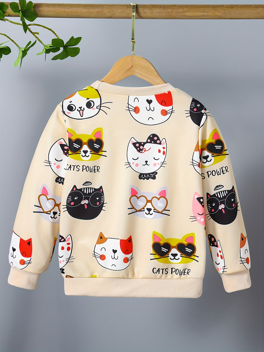 Girls' Cute Cat Print Sweatshirt - Pastel Pink with & Cat Design, Soft Round Neck Long Sleeve Top for Everyday & Special Occasions