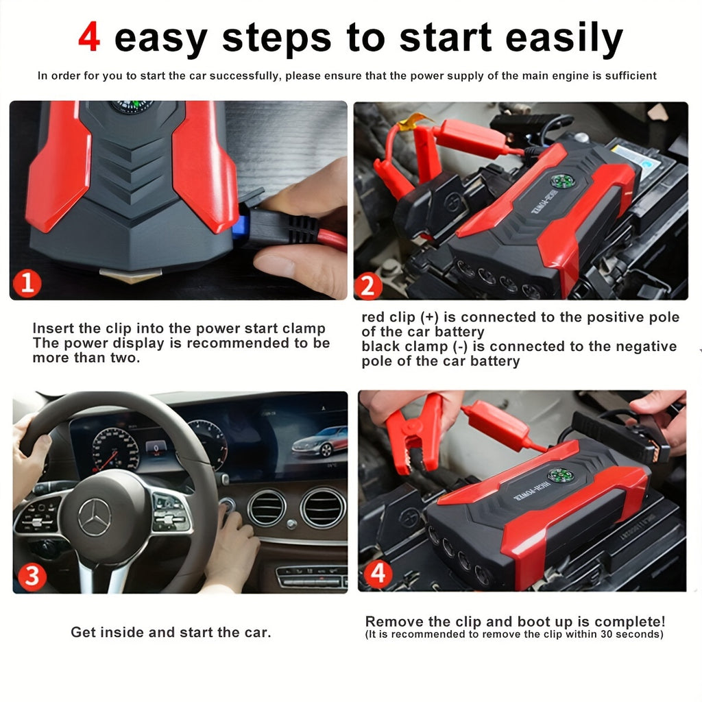 Portable 12V Car Jump Starter - LED Flashlight Emergency Power Battery Booster for Automotive, Motorcycle, Trucks, SUV - Compact, Rechargeable, Multi-Functional, and Safe