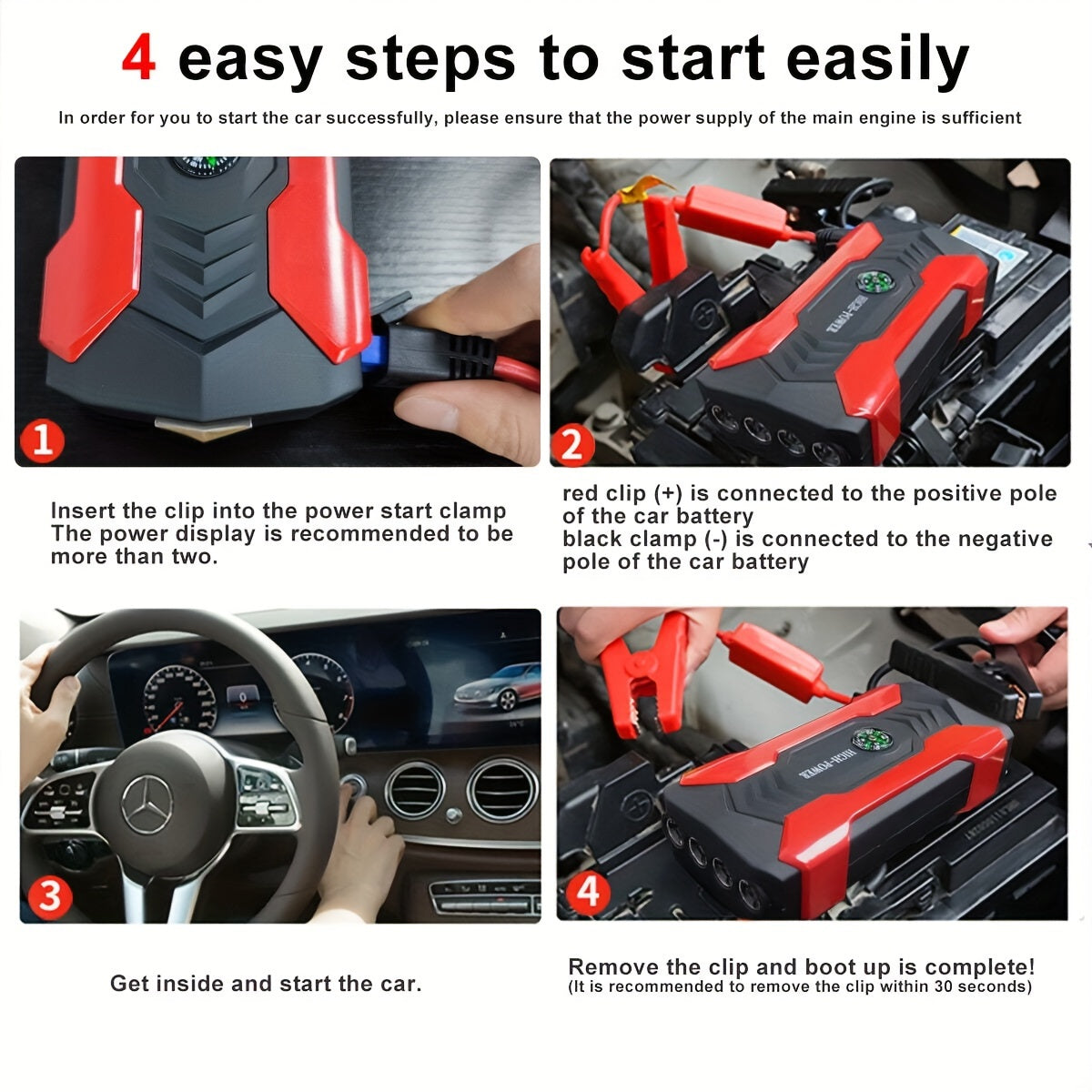 Portable 12V Car Jump Starter - LED Flashlight Emergency Power Battery Booster for Automotive, Motorcycle, Trucks, SUV - Compact, Rechargeable, Multi-Functional, and Safe