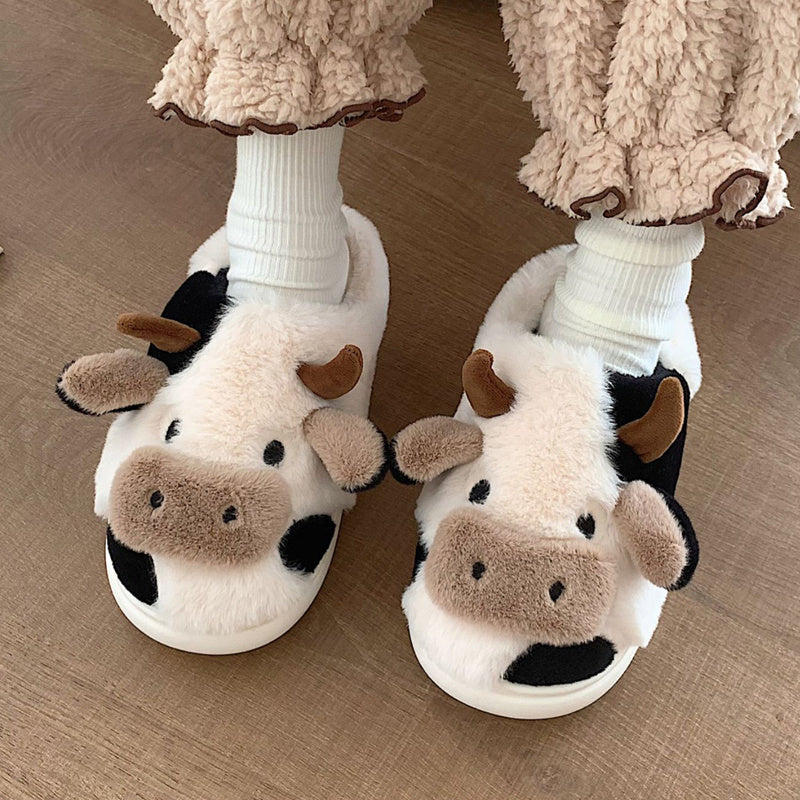 Women'S & Men'S Fuzzy Cow Slippers - Plush Winter Indoor House Shoes with & Cow Print,