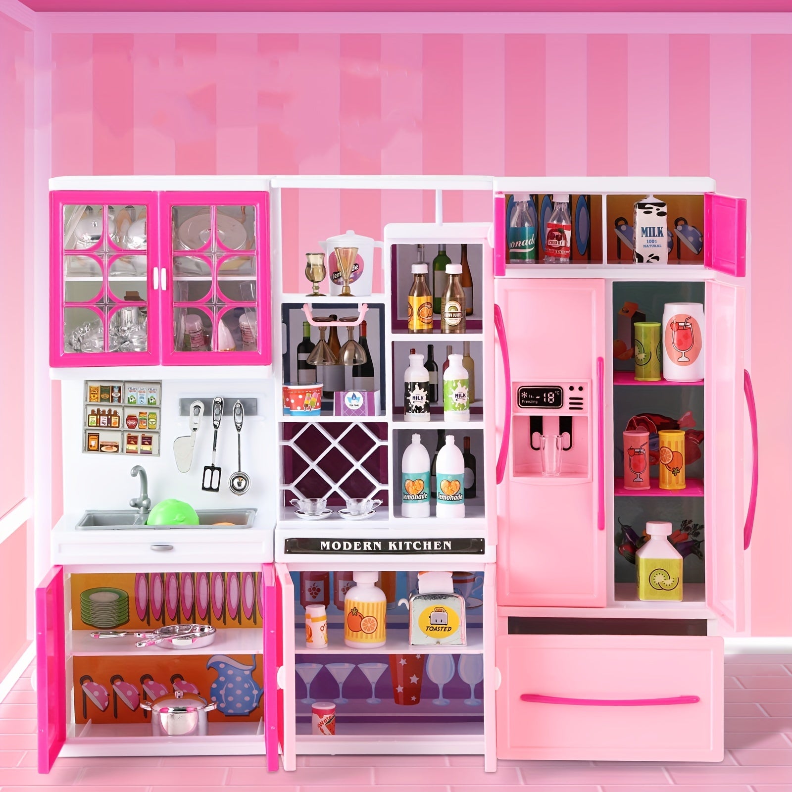 Pink 64 PCS Mini Furniture Sets - Doll Playset Toys With Lights and Sounds