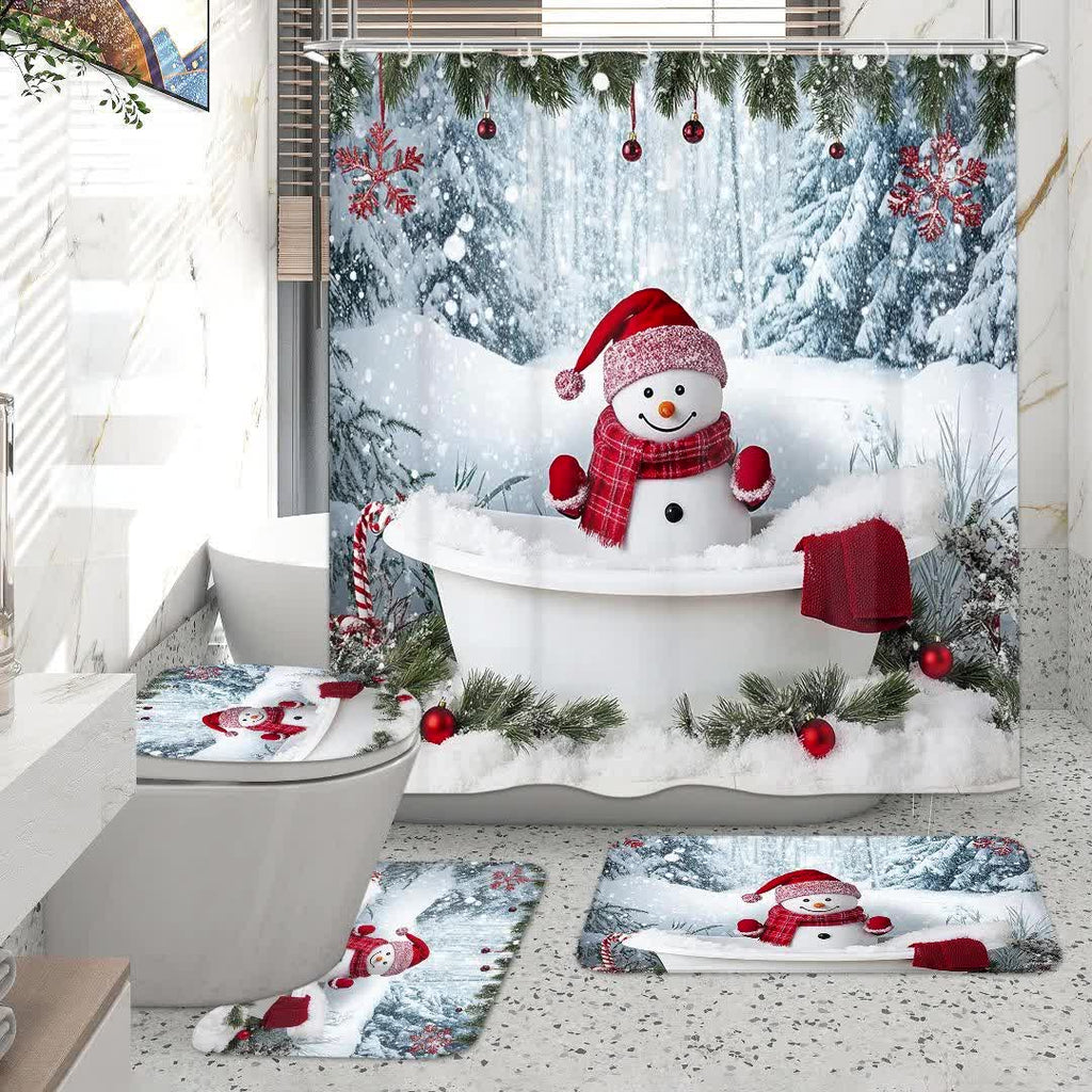 4pcs Christmas Shower Shower Curtain - Waterproof Curtain Set With Non-Slip Rugs, Toilet U-Shape Mat, Toilet Seat Cover, Machine Washable Bathroom Decoration Curtain Set With 12 Hook, Christmas Theme Bathroom Accessories