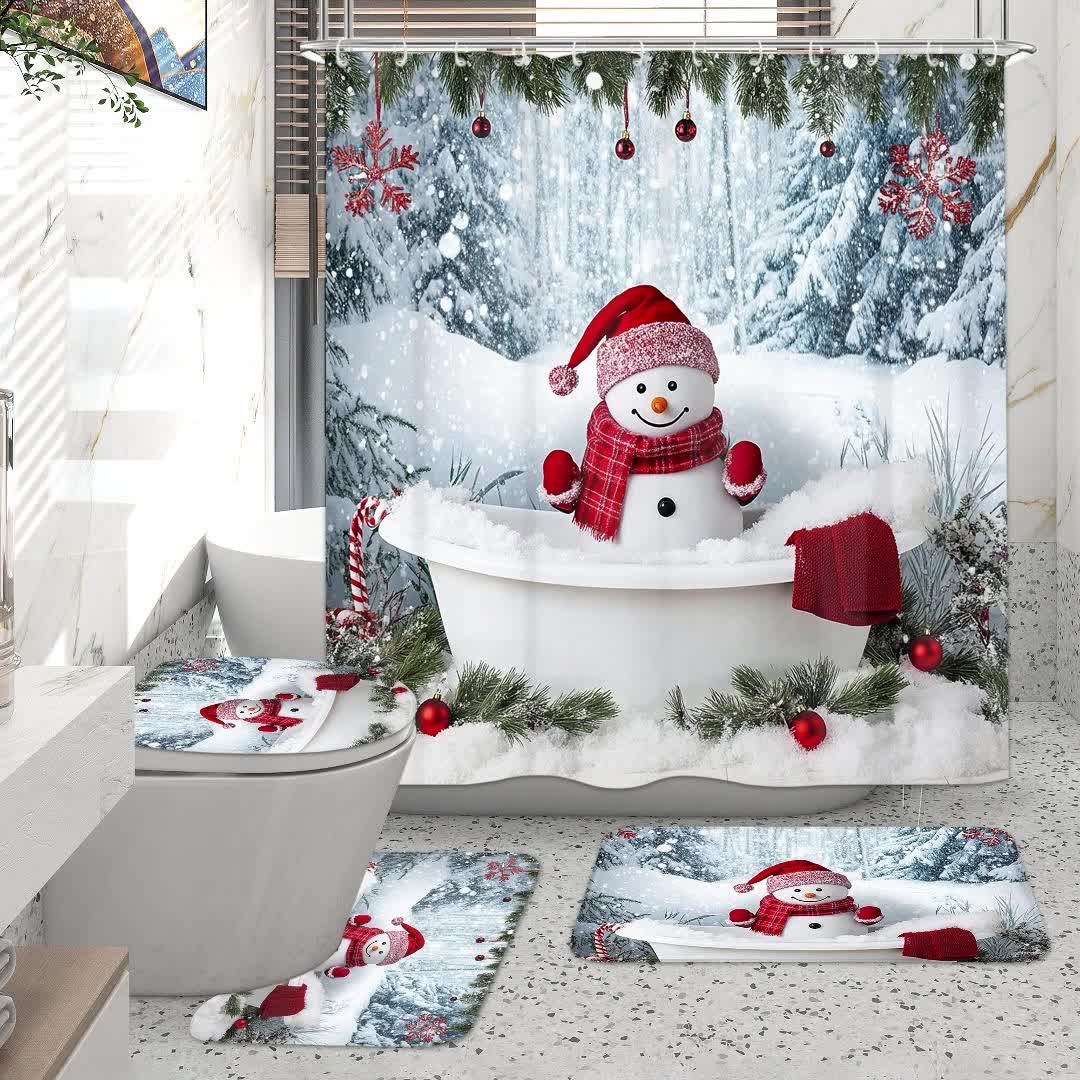 4pcs Christmas Shower Shower Curtain - Waterproof Curtain Set With Non-Slip Rugs, Toilet U-Shape Mat, Toilet Seat Cover, Machine Washable Bathroom Decoration Curtain Set With 12 Hook, Christmas Theme Bathroom Accessories
