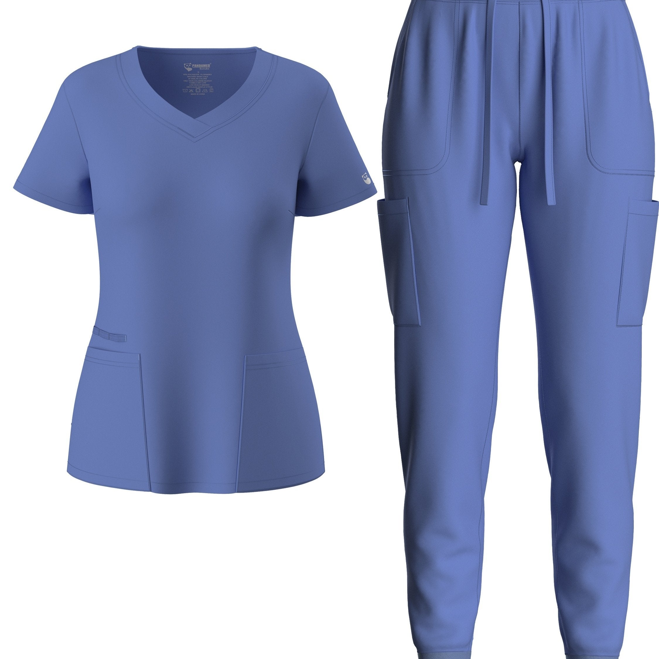 two-piece Elegant Two-Piece Scrub Set for Women: Short Sleeve V Neck Top & Drawstring Pants