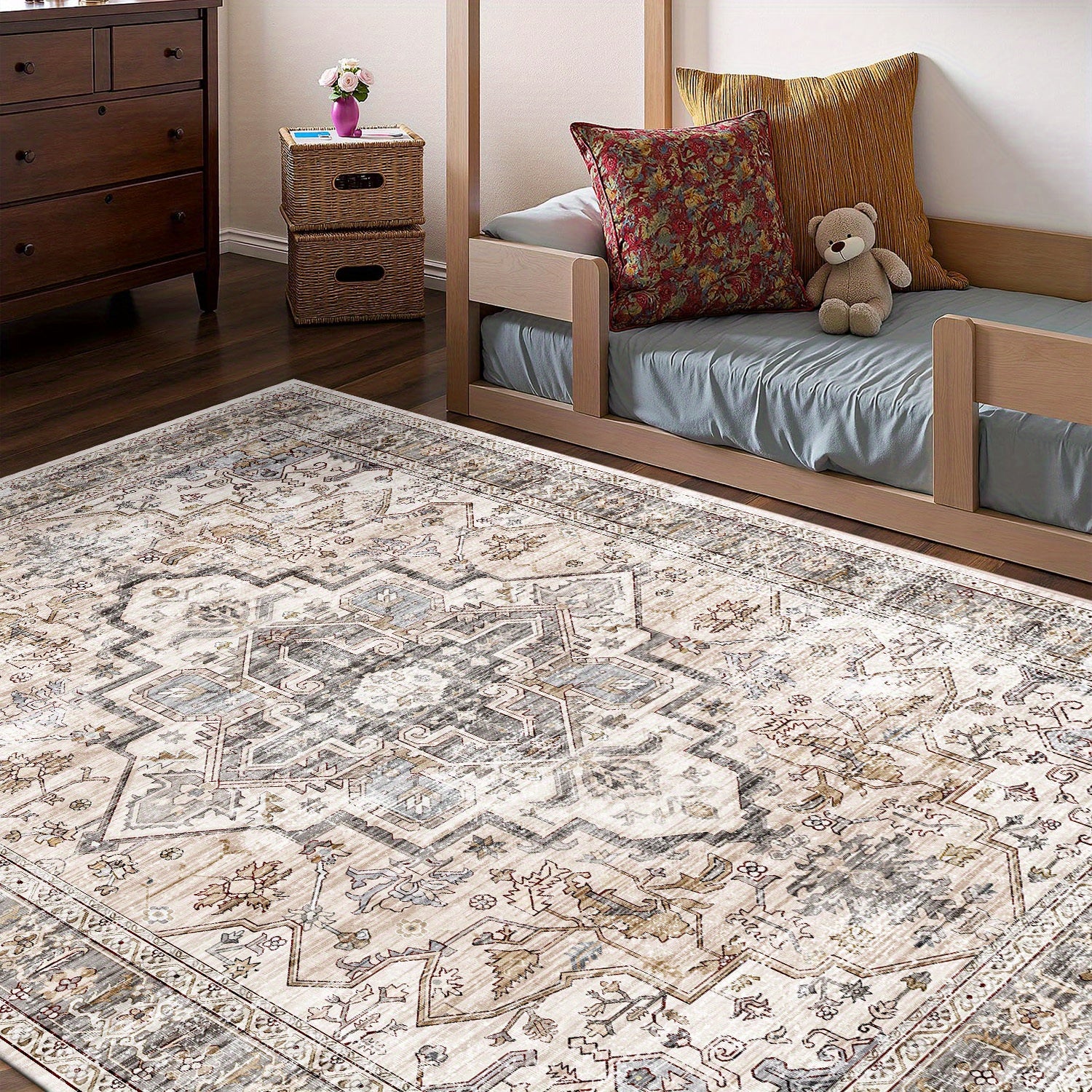 [Ultra Soft Bohemian Rugs] Ultra Soft Bohemian Beige Washable Rugs | Non Slip Retro Foldable Area Rugs for Living Room and Bedroom