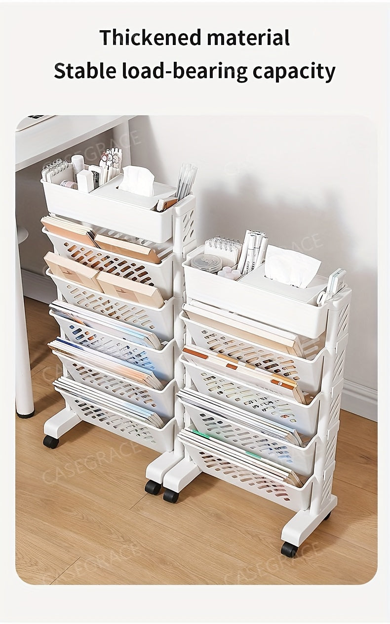 1pc Five-Level Movable Bookshelf, Desk Side Shelf, Floor Cart with Pen Holder for Office Study Supplies Storage and Document Storage