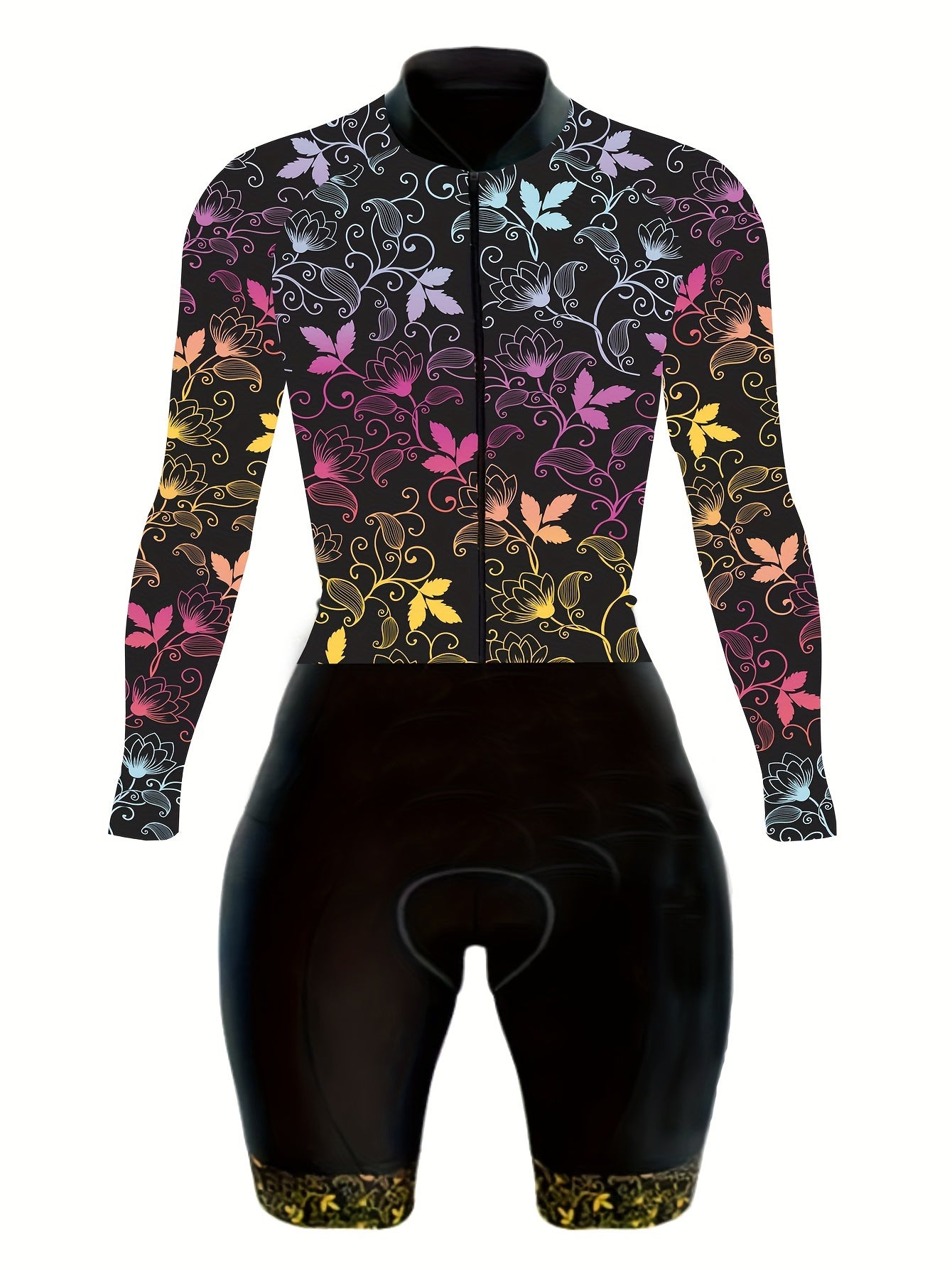 Plus Size Sports Jumpsuit, Women's Plus Colorful Leaf Graphic Long Sleeve Zip Up Biker Fitness Jumpsuit