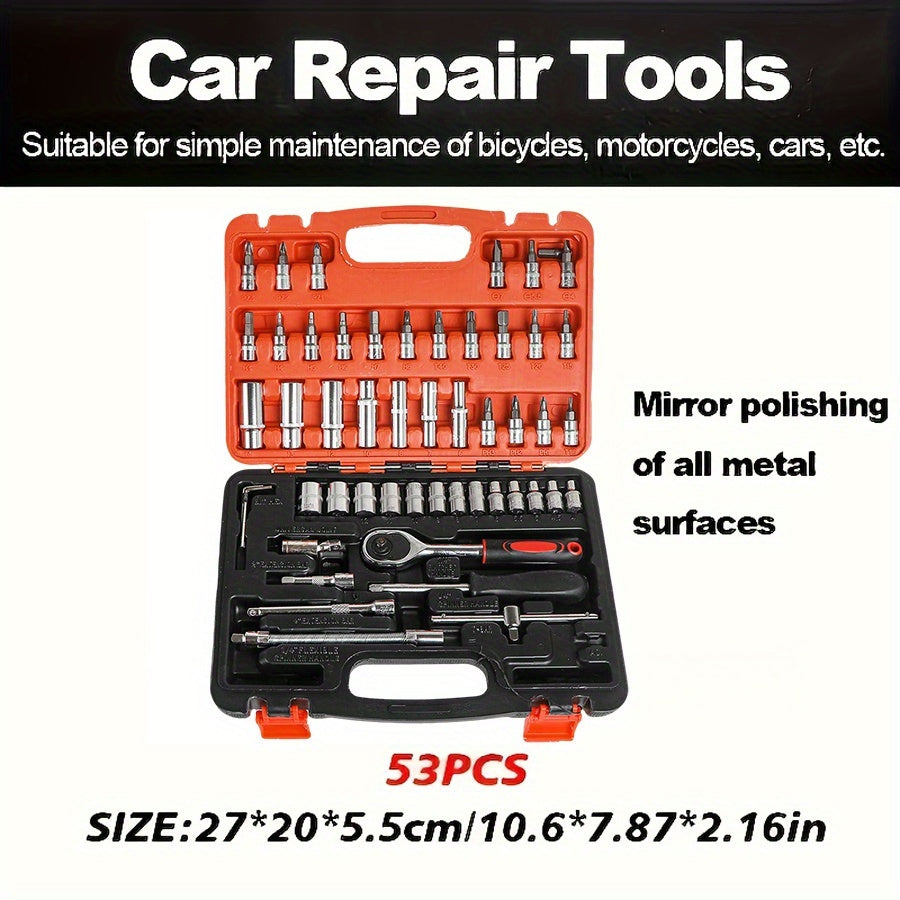A Collection of 53 Mechanical Tool Kits, Including 1/2" And 1/4" Drive Depth And Standard Sockets, Ergonomic Handles, Ratchet Wrenches,