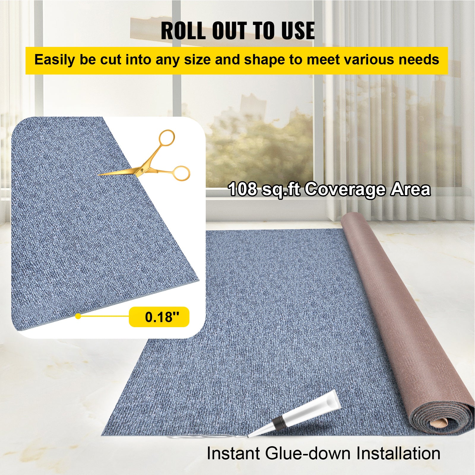 VEVOR Gray Marine Carpet 6 ft x 18 ft Boat Carpet Rugs Indoor Outdoor Rugs for Patio Deck Anti-Slide TPR Water-Proof Back Cut Outdoor Marine Carpeting Easy Clean Outdoor Carpet Roll