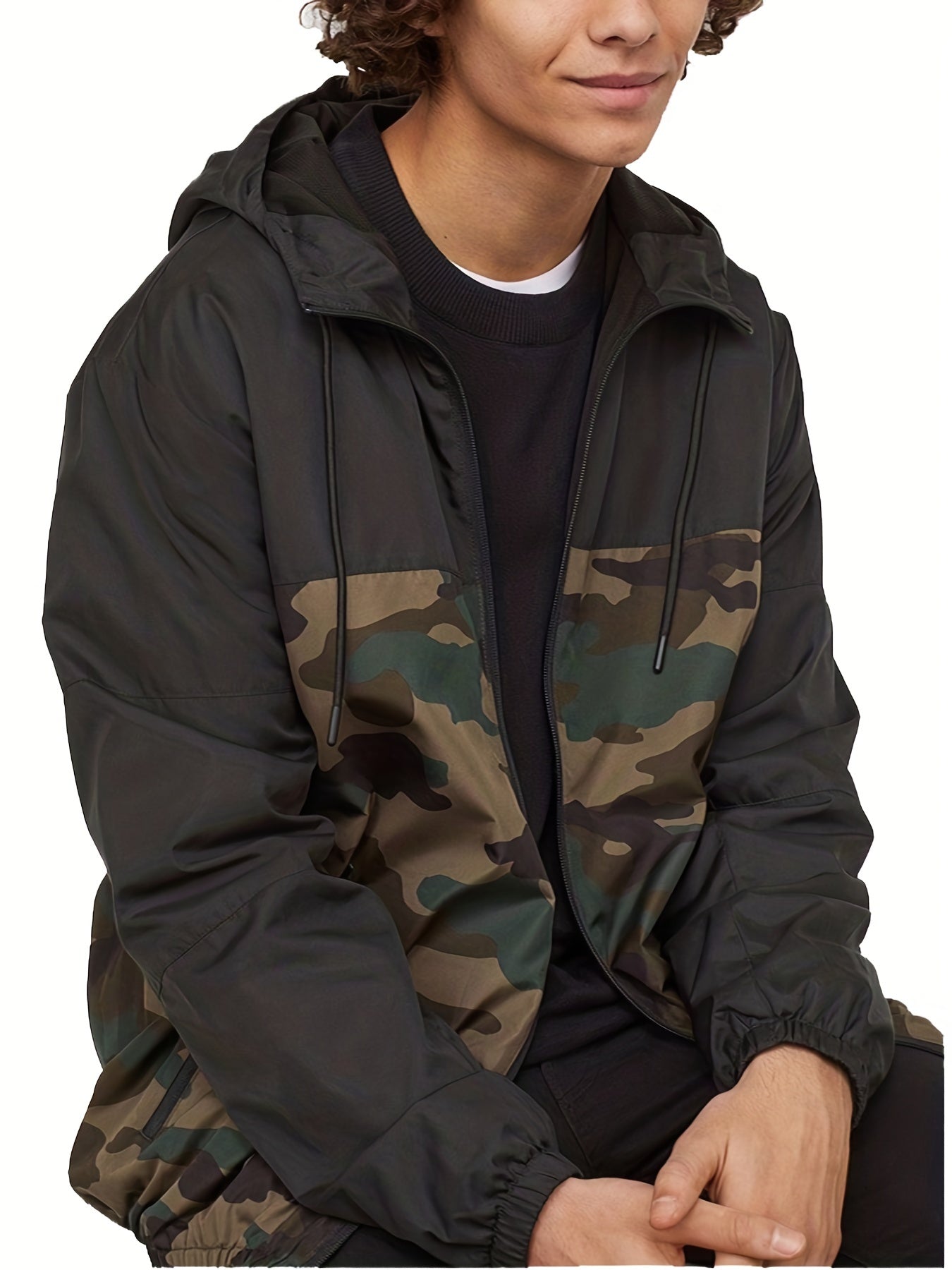 Camouflage Pattern Hooded Jackets By Activity, Men's Casual Loose Fit Breathable Zip Up Jackets For Spring Fall