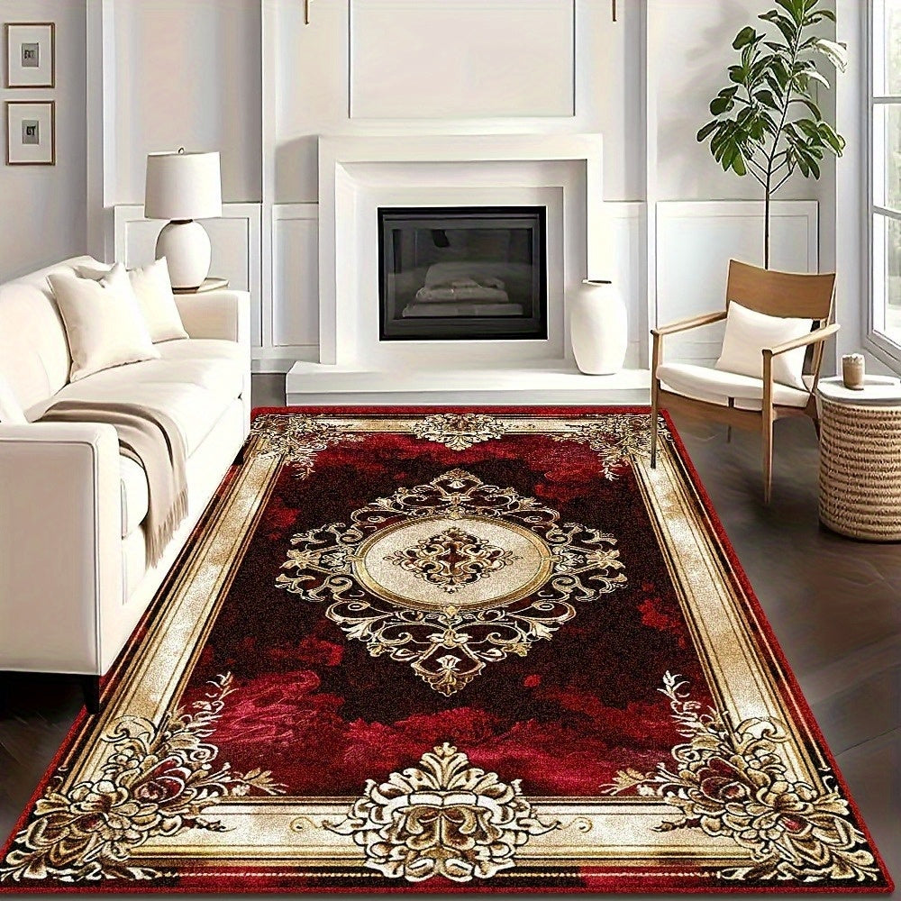 1pc Luxury Large Rectangular Mat - Burgundy & Golden Elegant Design, Soft Flat Weave Area Mat with Non-Slip Rubber Backing, Deep Red/Black/Golden/Beige/Brown Tones for Living Room, Bedroom, Office, Wedding & Father's Day Deco
