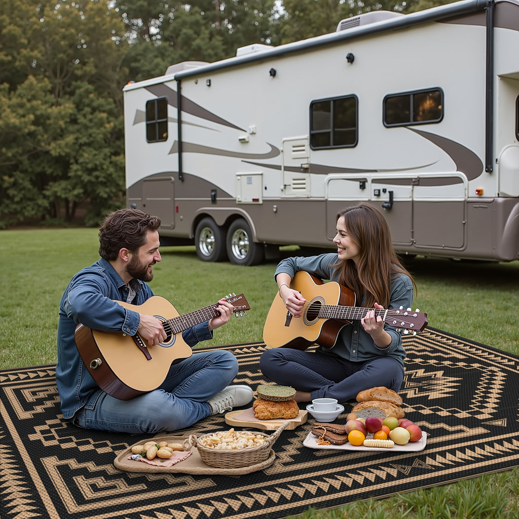 Reversible High Quality Outdoor Mat - Heavy-Duty Polypropylene Geometric Grid Pattern Mat, Lightweight Foldable with Storage Bag & Stakes for Patio, Deck, RV, Camping - Black/Brown, UV-Resistant &, Outdoor Rugs High Quality,