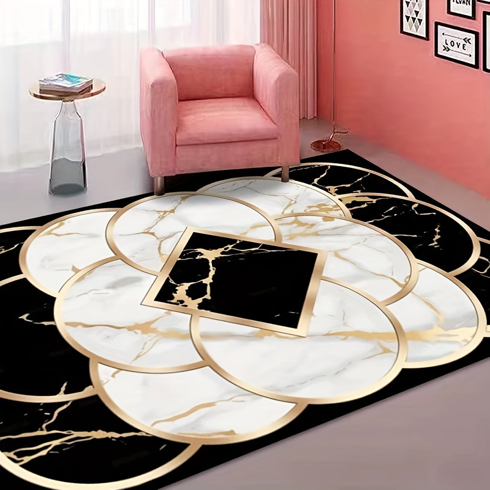 1pc, Unique Irregular ShapedSoft Rugs White Golden Marble Abstract Modern Rug For Livingroom Bedroom Diningroom Washable Office Kitchen Carpet