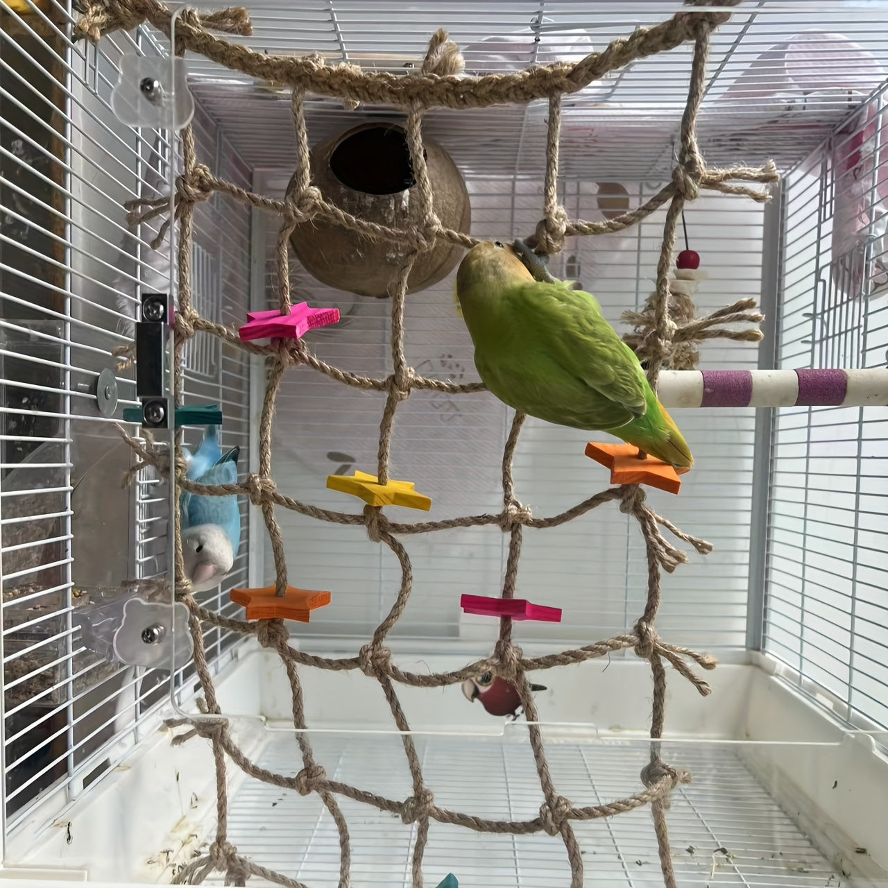 1pc Durable Hemp Rope Bird Climbing Net with Colorful Star Cutouts and Chewing Toys - Multi-Functional Parrot Play Cage Accessory and Bird Toy