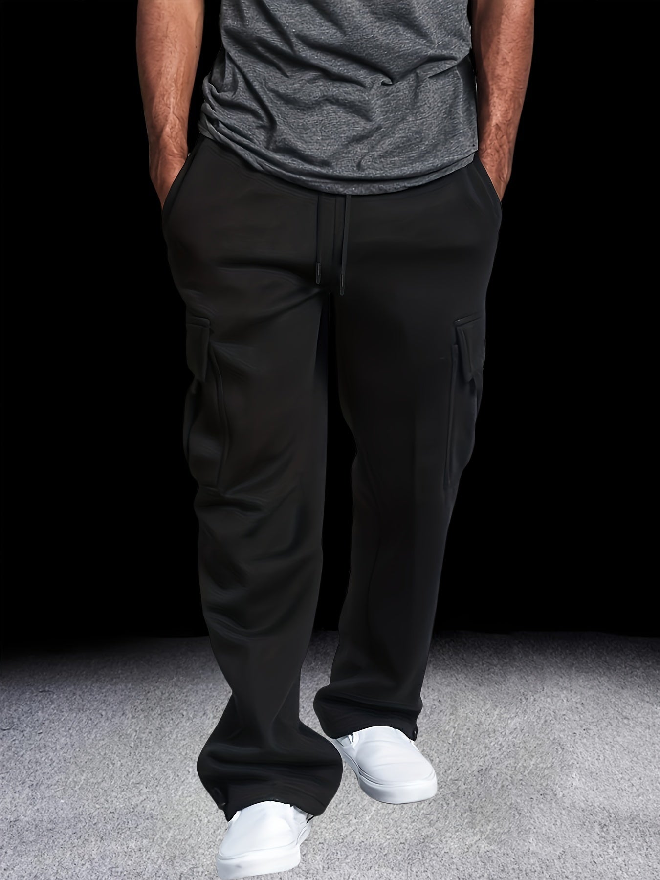 Men's Fleece-Lined Cargo Pants - Thick, Loose Fit for Winter Sports & Outdoor Activities, Gray with Multiple Pockets & Drawstring Waist, Polyester Knit Fabric, Street Style Joggers