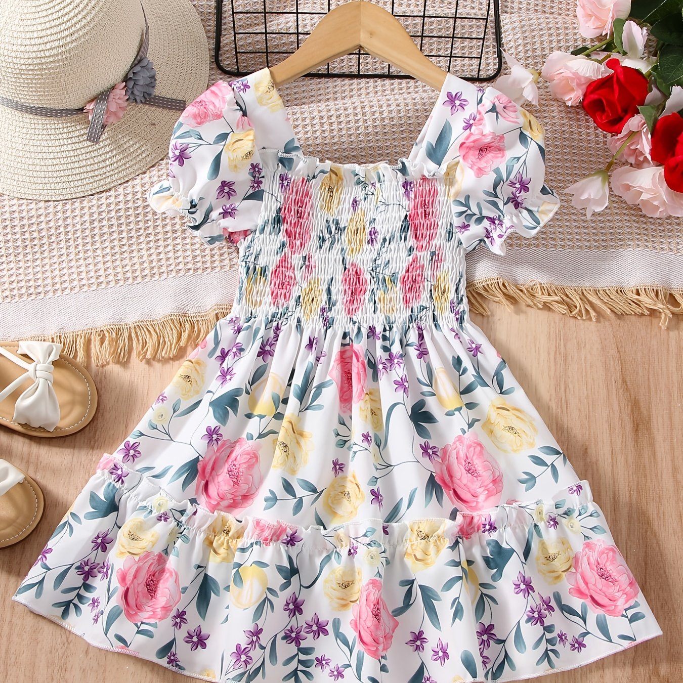 Girls Puff Sleeve Floral Shirred Ruffled Hem Party Dress Kids Summer Clothes