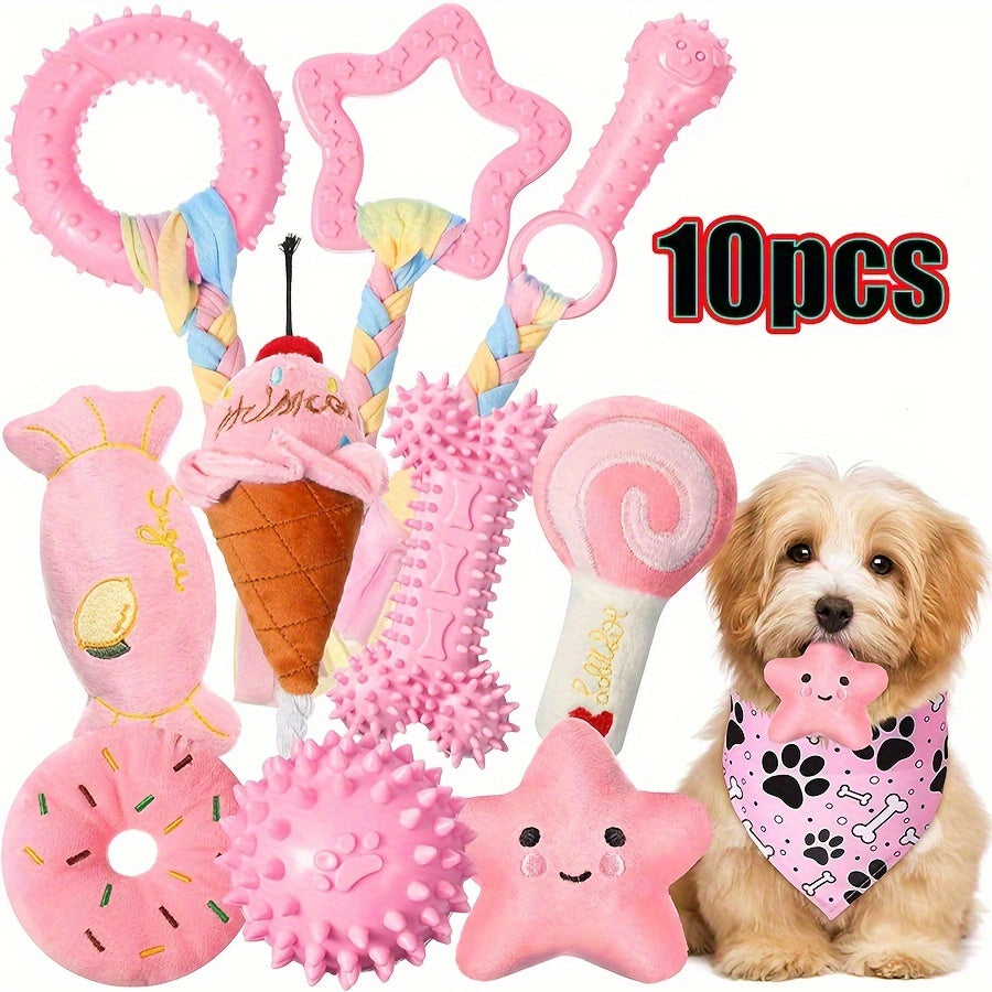 Durable 10pcs Dog Chew Toys Set - Interactive Puppy Teething Toys with Non-Toxic Rubber, Plush and Plastic - Teeth Cleaning, Boredom Busting for Small Breeds