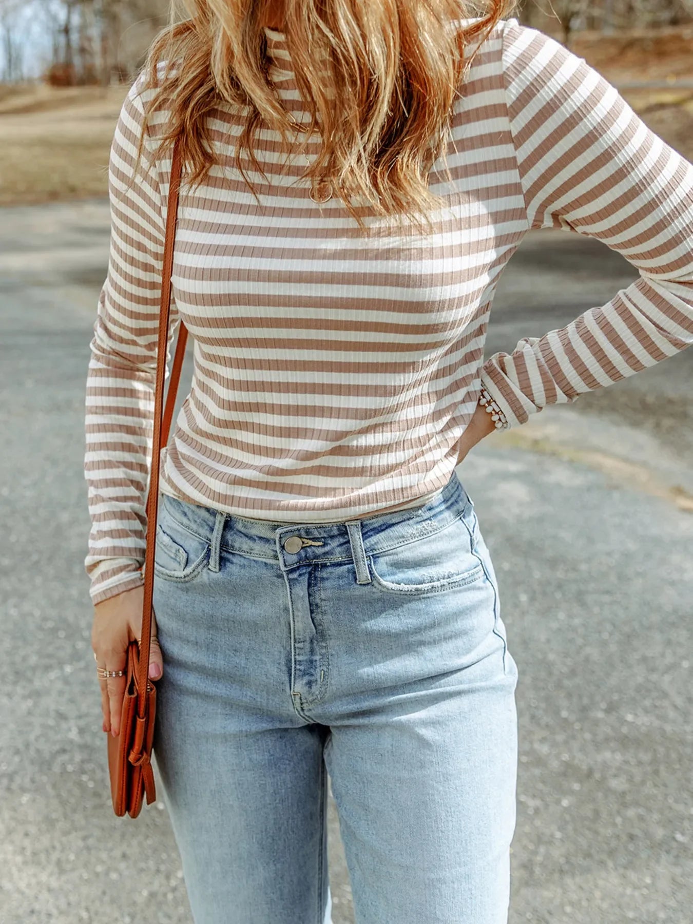 Striped Textured Knit Long Sleeve Tee