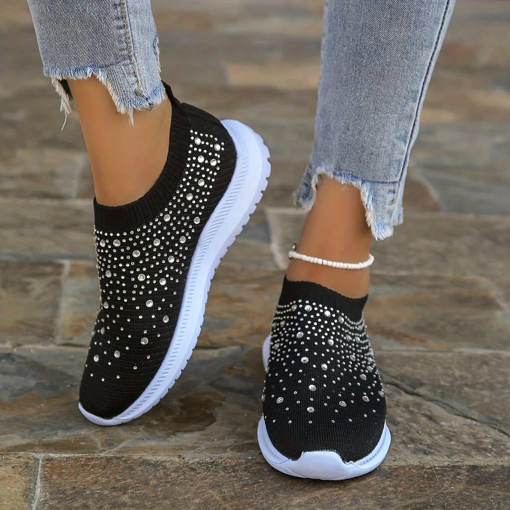 Women's Rhinestone Decor Slip-on Sneakers, Fly Woven Sports Shoes, Breathable Low Top Walking Shoes For Music Festival