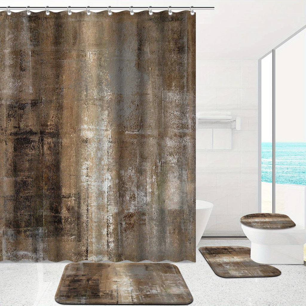 4 Pack Brown and Grey Abstract Art Bathroom Accessory Set, Complete with Matching Rugs, Mats, Curtains for Bathroom