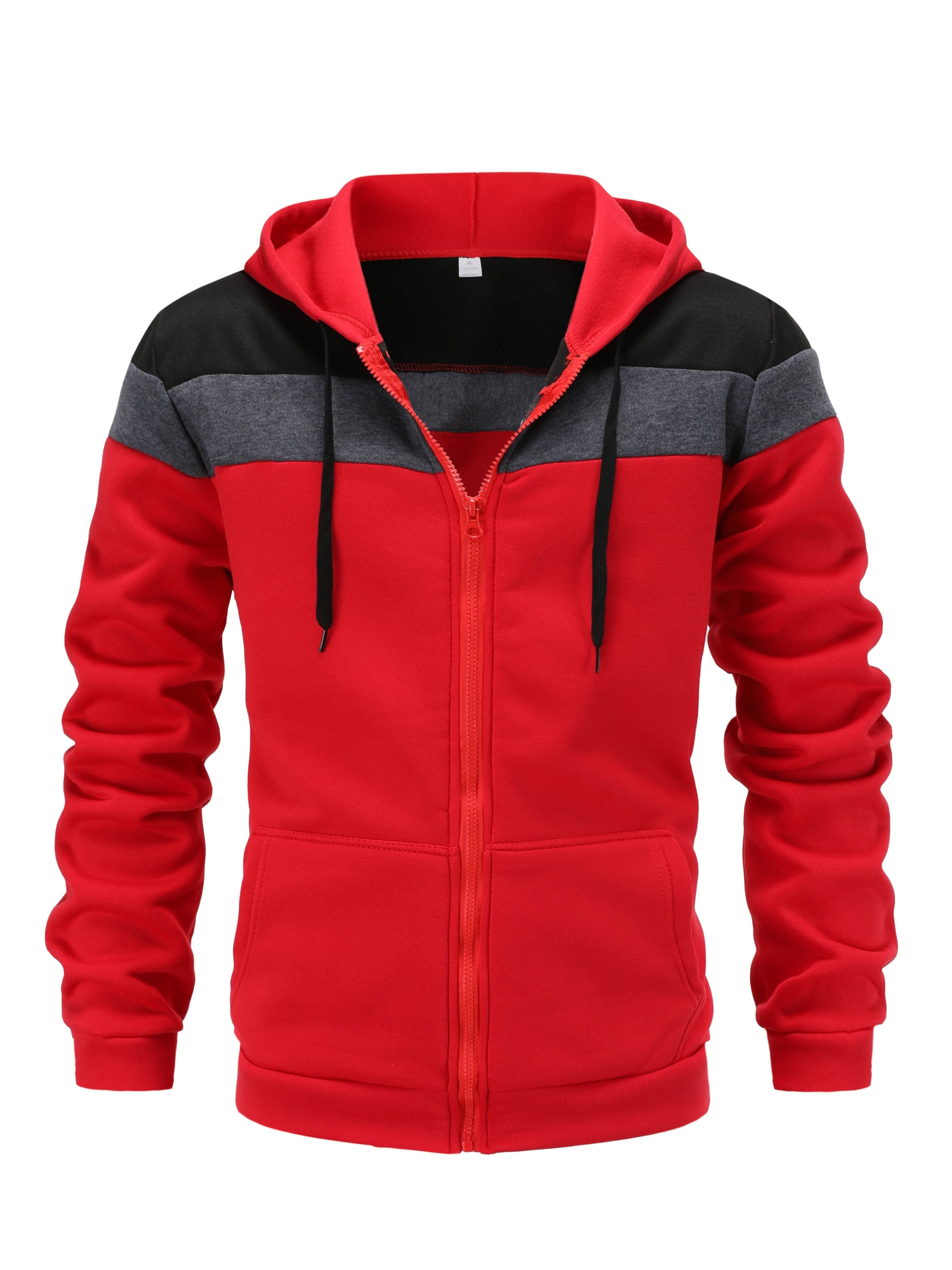 Men'S Casual Hooded Sweatshirt, Solid Color Zip-Up Pullover, Long Sleeve Polyester Knit Fabric, Regular Fit with Slight Stretch, 160gsm - Autumn/Winter Fashion