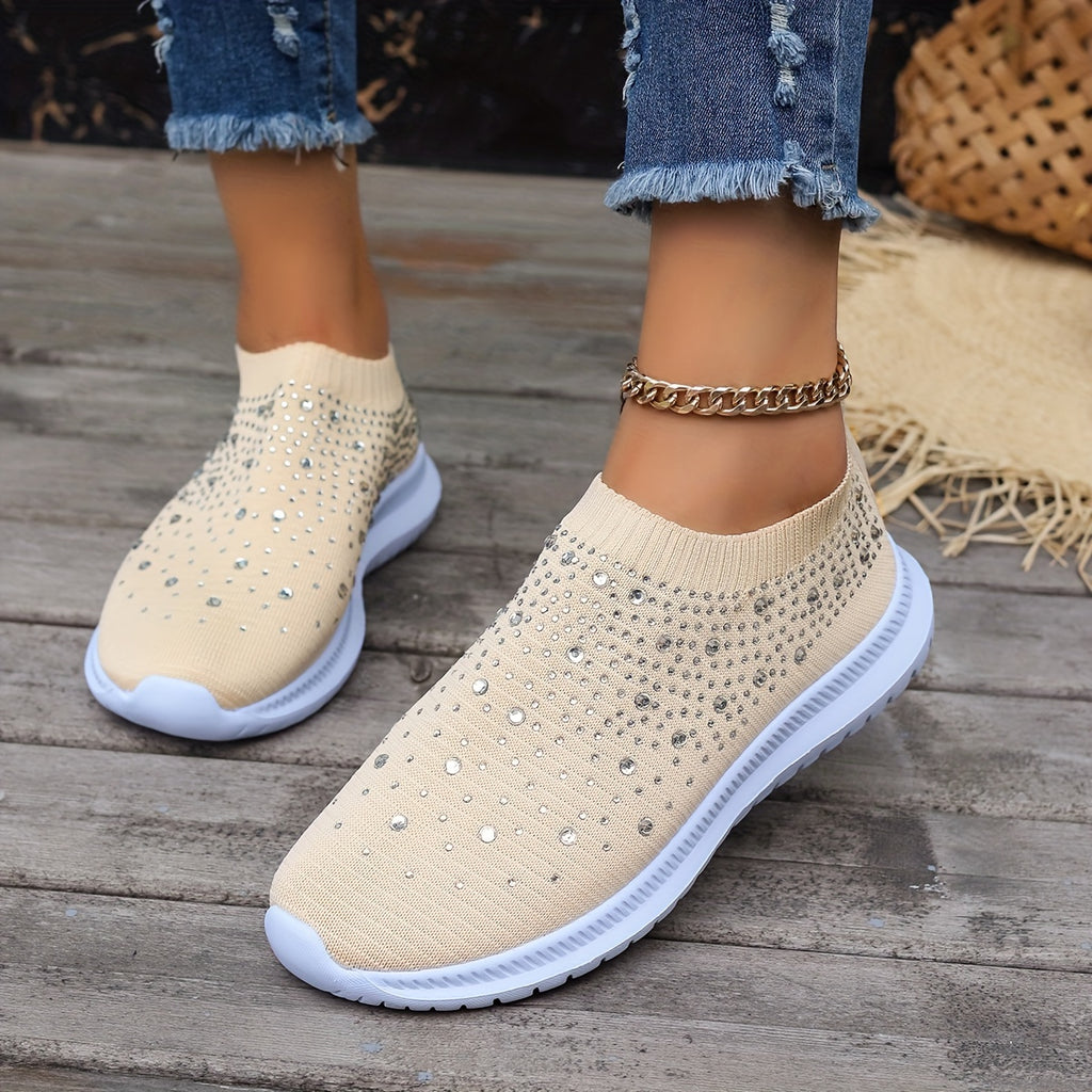 Women's Rhinestone Decor Slip-on Sneakers, Fly Woven Sports Shoes, Breathable Low Top Walking Shoes For Music Festival