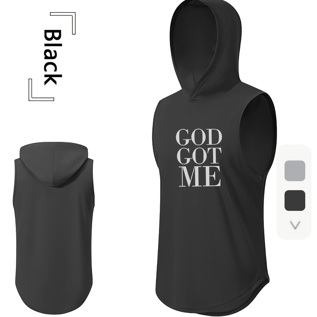 GOD GOT ME Print, Men's Quick-drying Breathable Sports Hooded Tanktop, Casual Light Loose Sleeveless Shirt For Gym Training Running Basketball