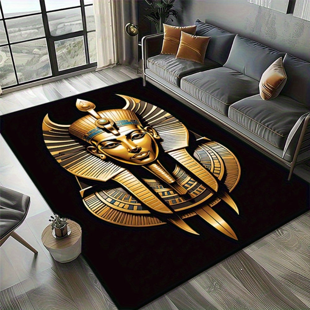 1pc Egyptian Pharaoh Statue Printed Area Mat - 100% Soft Polyester, Anti-Slip, Machine Washable, Rectangle Knit Weave with Vibrant Golden Design for Bedroom, Living Room, or Office Decor, Perfect for Holidays & Home Accents,