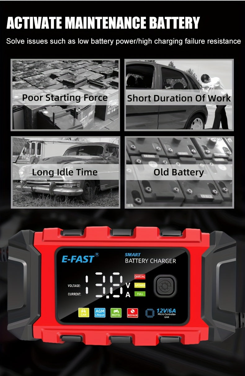 12V 6A Intelligent Car Battery Charger - Advanced Automotive Battery Maintaine